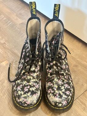 Dr. Martens Black Floral Lace-Up Boots with Pink and Yellow Accents